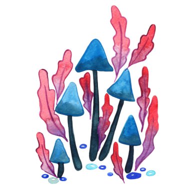 Fantasy blue mushroom with leaf watercolor illustration for decoration on fairy tales and garden.