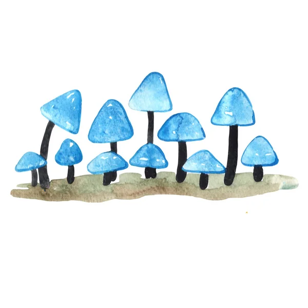 Mythical Blue Mushroom Garden Floor Border Wreath Watercolor Illustration Decoration — Stock Photo, Image