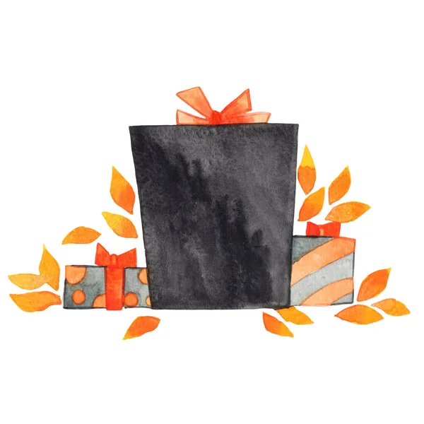 Хэллоуин Подарочная Коробка Осенью Листья Акварели Иллюстрации Украшения Хэллоуин Фестиваля — стоковое фото