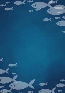 Deniz yaşamı ve deniz ürünleri konsepti üzerine süsleme yapmak için okyanus boyası arka planında yüzen balık sürüsü.