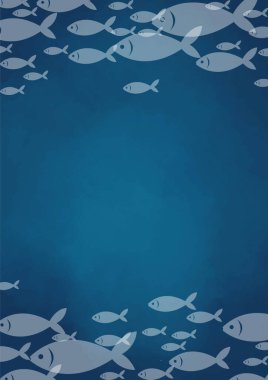 Deniz yaşamı ve deniz ürünleri konsepti üzerine süsleme yapmak için okyanus boyası arka planında yüzen balık sürüsü.