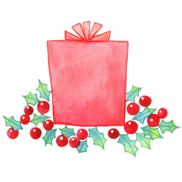 Rote Geschenkschachtel Rote Schleife Beeren Und Stechpalmenblätter Aquarell Illustration Zur — Stockfoto