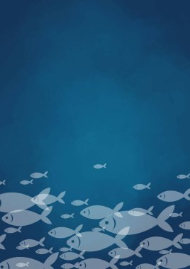 Deniz yaşamı ve deniz ürünleri konsepti üzerine süsleme yapmak için okyanus boyası arka planında yüzen balık sürüsü.