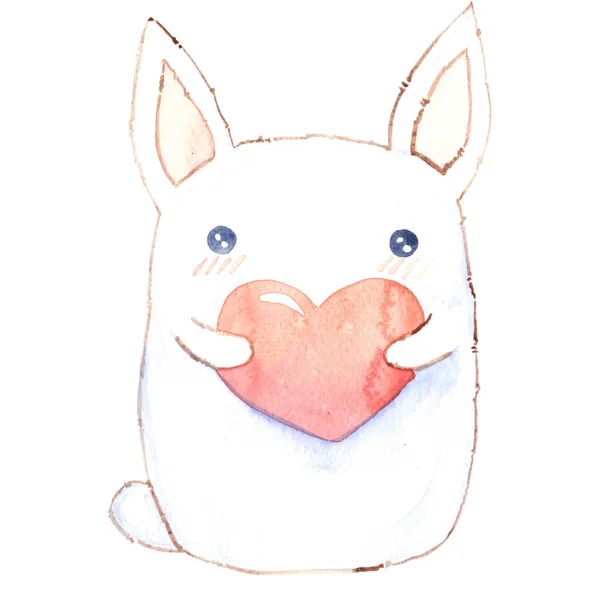 毛绒绒白色缎带与心脏卡通人物水彩画装饰动物和宠物的概念 — 图库照片