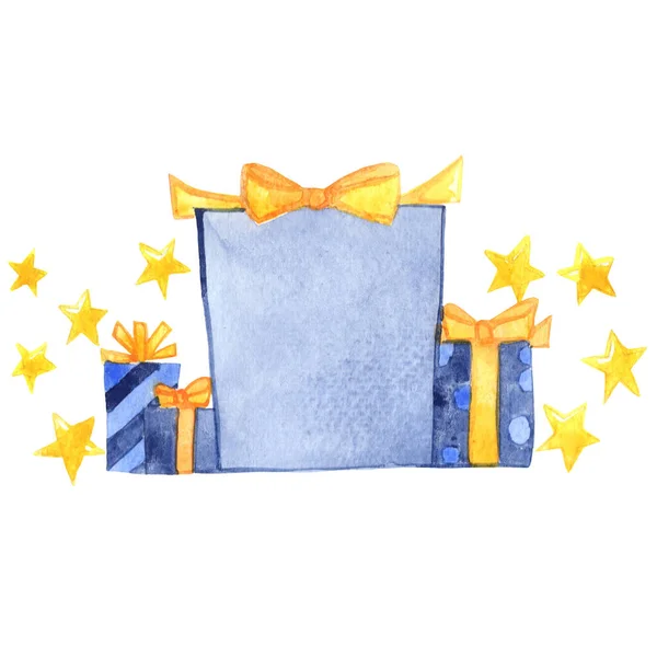 Niebieskie Pudełko Żółtą Wstążką Akwarelą Gwiazdy Urodziny Specjalne Wydarzenie — Zdjęcie stockowe