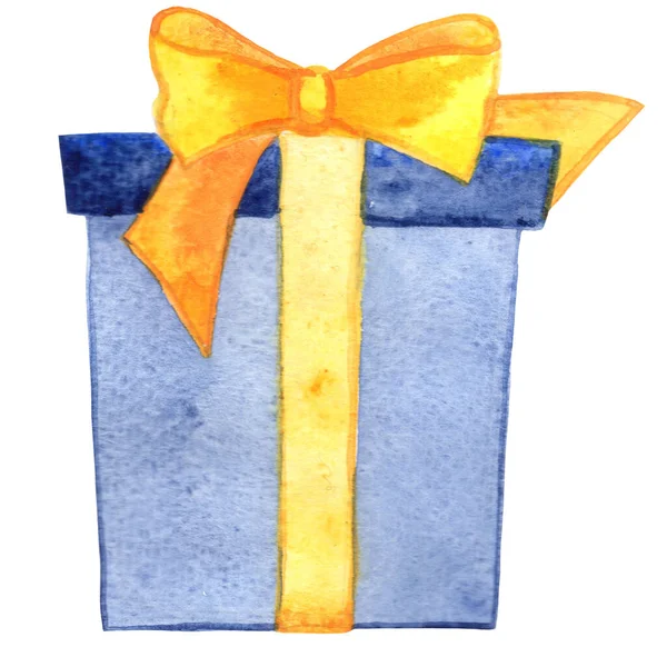 Blue Pudełko Żółtą Wstążką Akwarela Urodziny Specjalne Wydarzenie — Zdjęcie stockowe