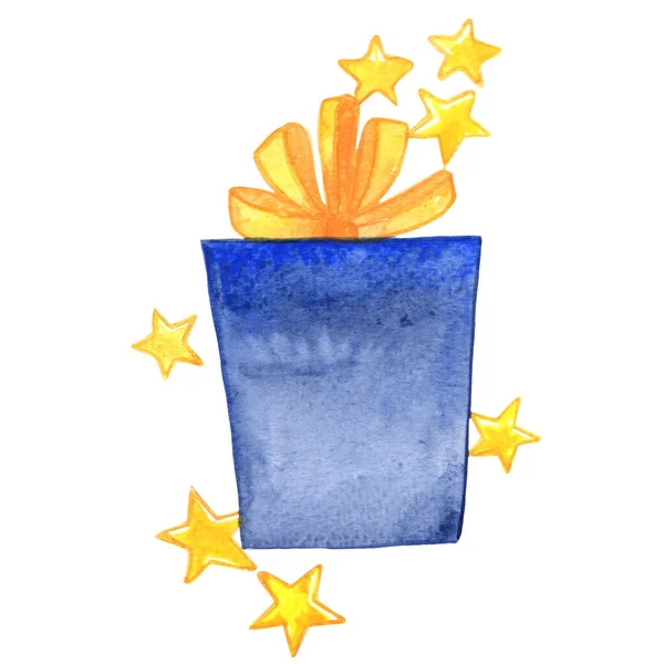 Голубая Подарочная Коробка Желтой Лентой Акварелью Звезды Дню Рождения Специальному — стоковое фото