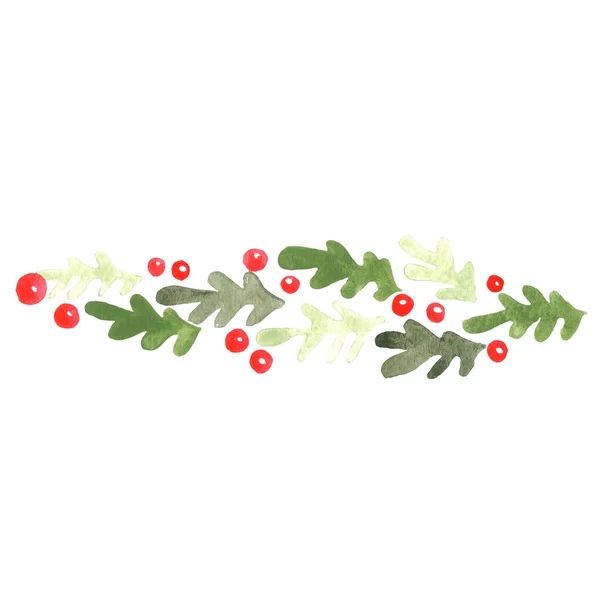 Grüne Eichenblätter Mit Waldbeeren Aquarellrand Zur Dekoration Weihnachten — Stockfoto