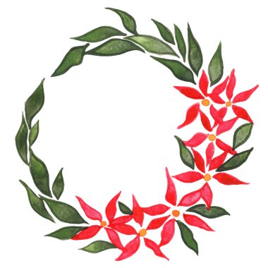 Noel tatili ve düğün etkinliği için bir demet kırmızı Noel çiçeği ve suluboya çelenk..