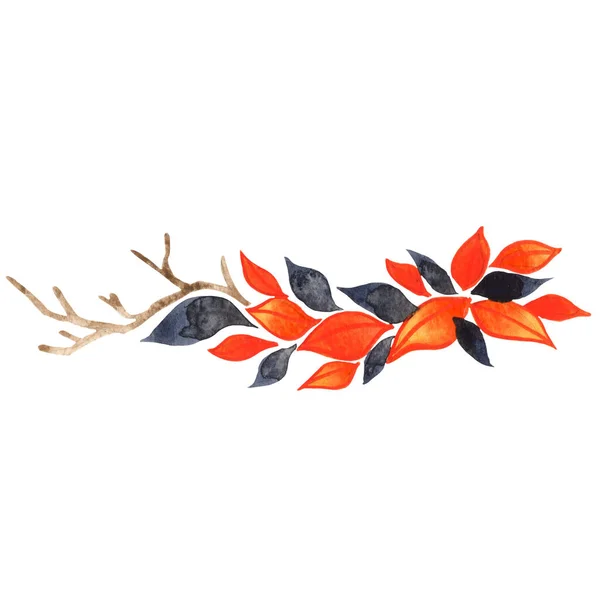 Banda Pomarańczowych Czarnych Liści Akwarela Dekoracji Napoje Herbaciane Sezon Jesienny — Zdjęcie stockowe