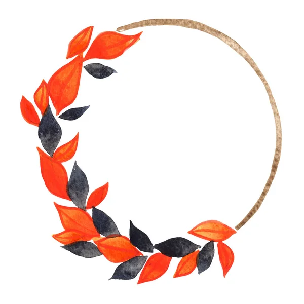 Orange and black leaves wreath watercolor for decoration on tea drinks, autumn season and Halloween festival.