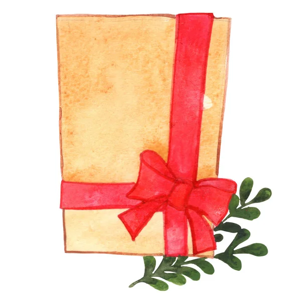 Коричневый Подарочная Коробка Красным Луком Папоротником Листья Баннера Акварель Иллюстрация — стоковое фото