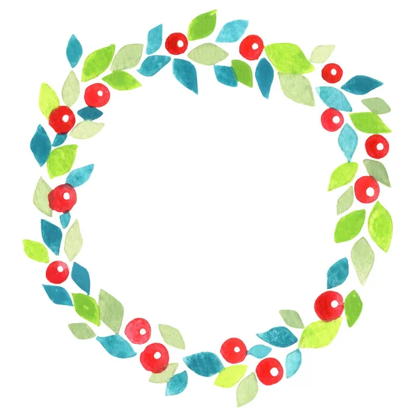 Green Leaves Red Berry Wreath Watercolor Decoration Christmas Holiday Wedding — Stock Photo, Image