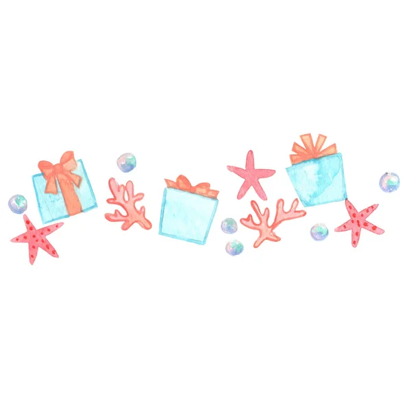 Blue Gift Box Różowa Wstążka Łuk Lalka Piasek Rozgwiazdy Akwarela — Zdjęcie stockowe
