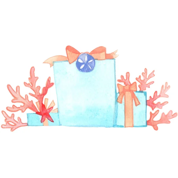 Голубая Подарочная Коробка Розовая Лента Лука Песок Морские Звезды Коралловая — стоковое фото
