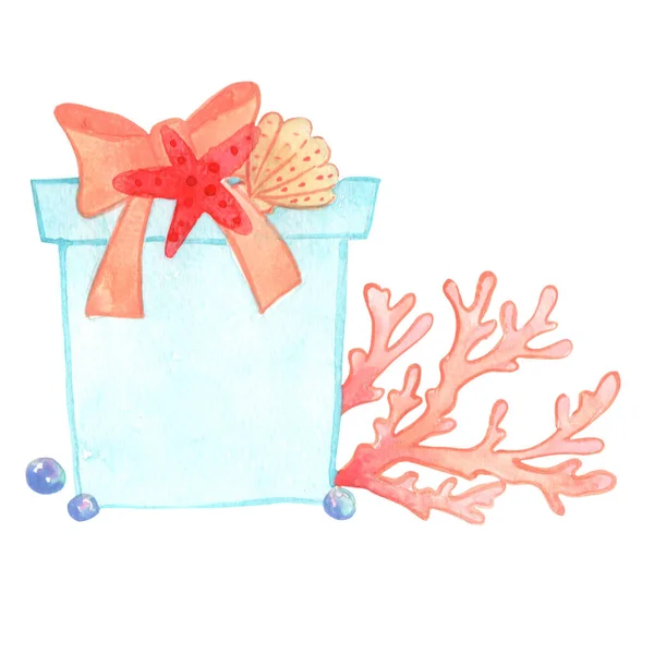 Blue Gift Box Różowa Wstążka Łuk Muszla Rozgwiazdy Akwarela Koralowa — Zdjęcie stockowe