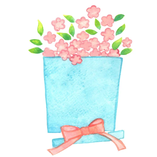 生日宴会上装饰用的蓝色礼品盒 附有一束花和弓形水彩画 — 图库照片