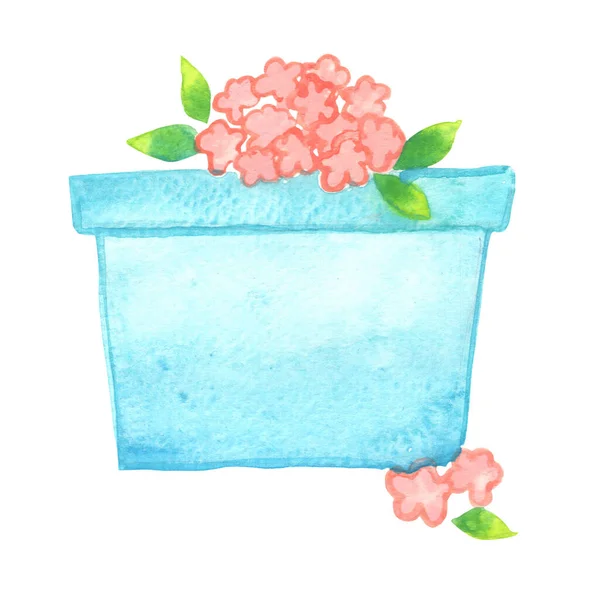 Μπλε Κουτί Δώρου Χρώμα Δέσμη Των Λουλουδιών Ακουαρέλα Εικονογράφηση Για — Φωτογραφία Αρχείου