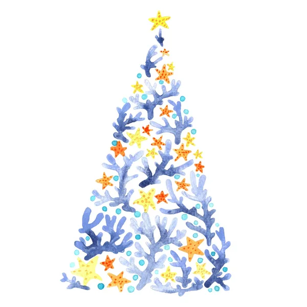 Mercan ve denizyıldızı Noel ağacı suluboya süsleme için yaz Noel etkinliği.
