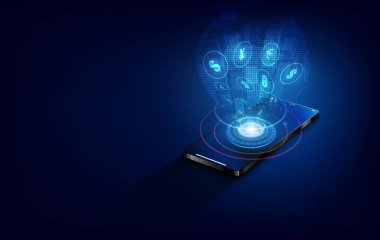 Uluslararası para birimi transferi, akıllı telefon ile yapılan ödeme para konseptinin akıllı telefon vektör illüstrasyonunu kullanarak