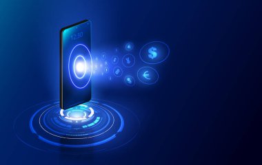 Uluslararası para birimi transferi, akıllı telefon ile yapılan ödeme para konseptinin akıllı telefon vektör illüstrasyonunu kullanarak