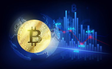 Bitcoin para birimi. Kripto madeni para büyüme grafik ile. Uluslararası Menkul Kıymetler Borsası. Ağ bitcoin pazarlama vektör afiş.