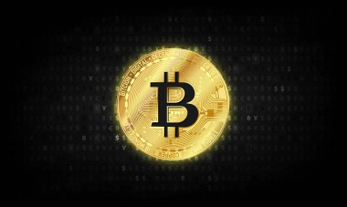 Altın bitcoin dijital para, fütüristik dijital para, teknoloji dünya çapında ağ konsepti, vektör illüstrasyonu