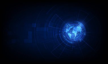 Global iş dünyasının en iyi internet kavramı. Küre, teknolojik arka planda parlayan çizgiler. Elektronik, Wi-Fi, ışınları, sembolleri İnternet, televizyon, mobil ve uydu iletişimi