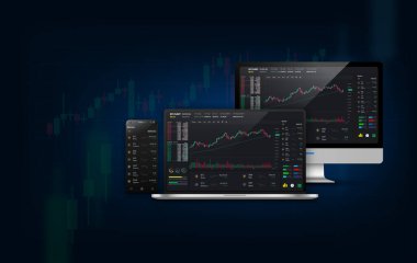 Tasarım. Web Sitesi Ekran şablonu. Şifreli ve ikili seçenekli evrensel uygulama kavramı, çevrimiçi ticaret, akıllı telefon, dizüstü bilgisayar, tablet için Forex market uygulaması. vektör illüstrasyonu