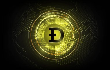 Altın Dogecoin dijital para birimi, finansal grafikte fütüristik dijital para, Dogecoin teknolojisi soyut arkaplan konsepti, vektör illüstrasyonu