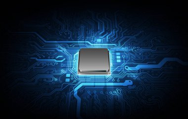 Soyut teknoloji çip işlemci arka plan devre kartı ve html kodu, 3D illüstrasyon mavi teknoloji arkaplan vektörü.