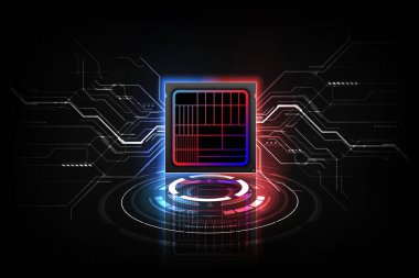 Soyut teknoloji çip işlemci arka plan devre kartı ve html kodu, illüstrasyon mavi teknoloji arkaplan vektörü.