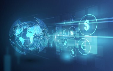 Para transferi. Küresel para birimi. Borsa 'da. Stok vektör illüstrasyonu.