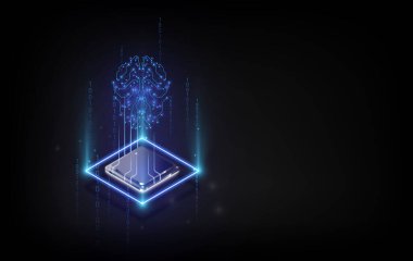 Yapay Zeka donanım konsepti. Bilgisayar anakartındaki mikroçipte parlayan mavi beyin devresi. Büyük veri işleme, ai ticaret, makine öğrenme, teknoloji arka planı için