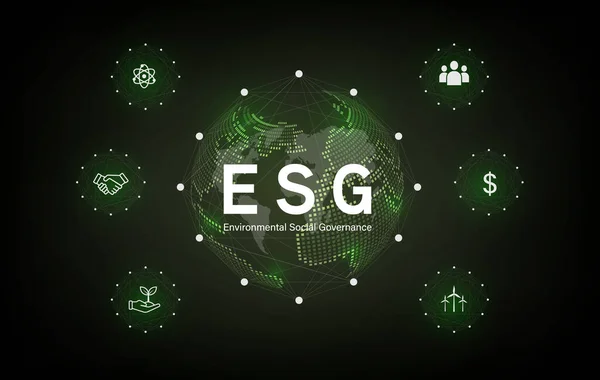 Ağ bağlantısında sürdürülebilir ve etik sektörde çevreci, sosyal ve yönetimdeki ESG simgesi kavramı yeşil arka planda.