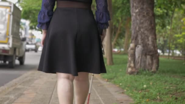 残疾盲人妇女在人行道上行走时的后视镜 她用一根长长的白色手杖作为行动工具 用来检测道路上的物体 以帮助失明或视力受损的人 但注意力分散 — 图库视频影像