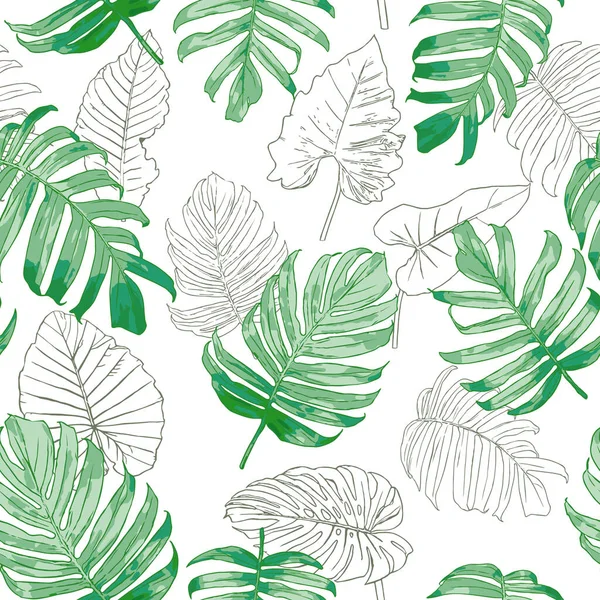 Monstera Feuilles Tropicales Motif Sans Couture Plantes Tropiques Ligne Art — Image vectorielle