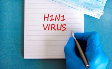 H1N1 virüs sembolü. Beyaz notta H1N1 virüsü, güzel mavi arkaplan, doktor eli mavi eldiven ve metal kalem var. Tıbbi maske. Tıbbi, H1N1 virüs konsepti.