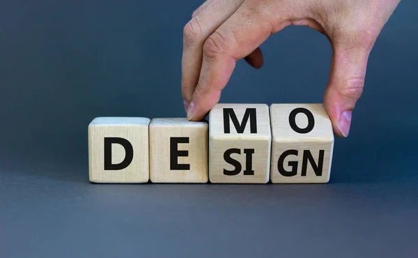 Demo Design Symbol Businessman Hand Turns Cubes Changes Word Design — Stock Photo, Image