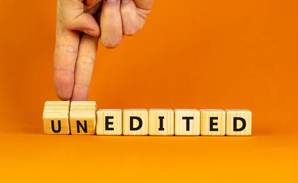 Edited Unedited Symbol Businessman Turns Wooden Cubes Changes Word Unedited — Stock Photo, Image