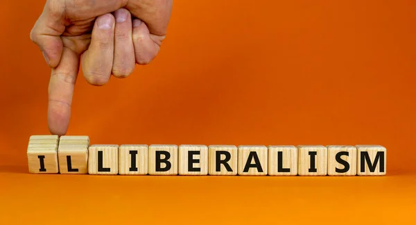 Illiberalism Liberalism Symbol Businessman Turns Cubes Changes Word Illiberalism Liberalism — Stock Photo, Image
