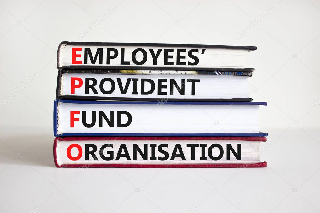 EPFO, employees provident fund organisation symbol. Concept words 'EPFO, employees provident fund organisation' on books. Beautiful white background, copy space. Business and EPFO concept.