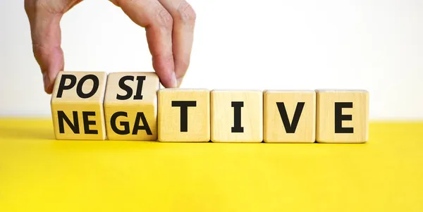 Positive Negative Symbol Businessman Turns Wooden Cubes Changes Word Negative — Stock Photo, Image