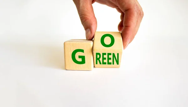 Ekologia Zielony Symbol Biznesmen Zamienia Drewnianą Kostkę Pojęciem Green Piękny — Zdjęcie stockowe