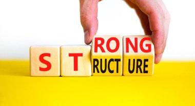 Güçlü yapı sembolü. İşadamı 'güçlü yapı' kelimesiyle tahta küplere dönüşür. Güzel sarı masa, beyaz arka plan, kopyalama alanı. İş ve güçlü yapı kavramı.