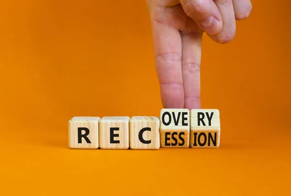 Recovery Recession Symbol Businessman Turns Cubes Changes Word Recession Recovery — Stock Photo, Image