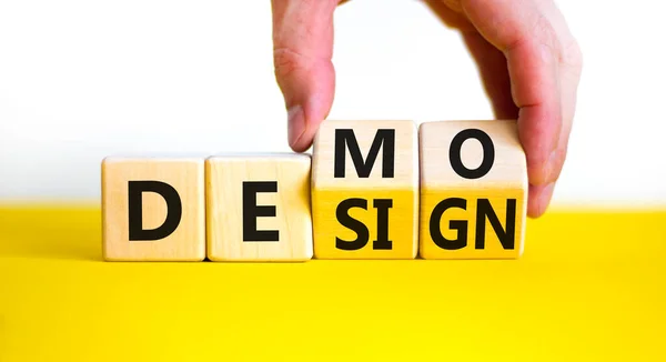 Demo Design Symbol Businessman Hand Turns Cubes Changes Word Design — Stock Photo, Image