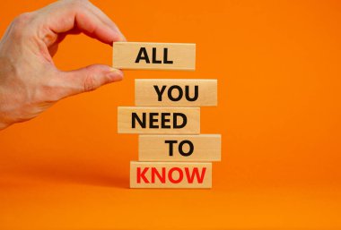 Tüm bilmen gereken sembol. Güzel turuncu arka plan hakkında bilmeniz gereken tek şey, tahta bloklar, kopyalama alanı. İşadamı eli. İş, tek bilmen gereken konsept..