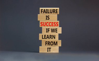 Başarısızlık ya da başarı sembolü. Ahşap bloklardan ders alırsak başarısızlık başarıdır. Güzel gri arkaplan, kopyalama alanı. İş, başarısızlık ya da başarı kavramından öğren.