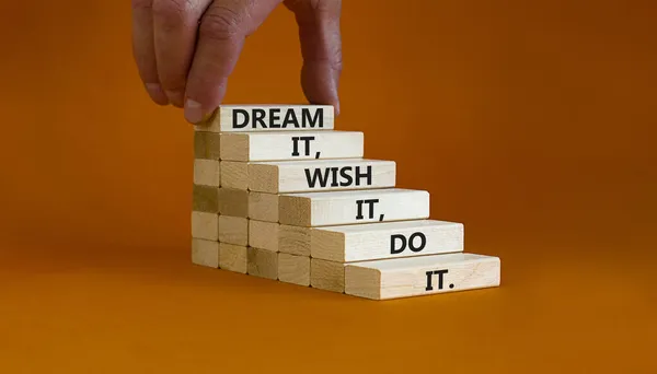 Dream Wish Symbol Wooden Blocks Words Dream Wish Businessman Hand — Stock Photo, Image